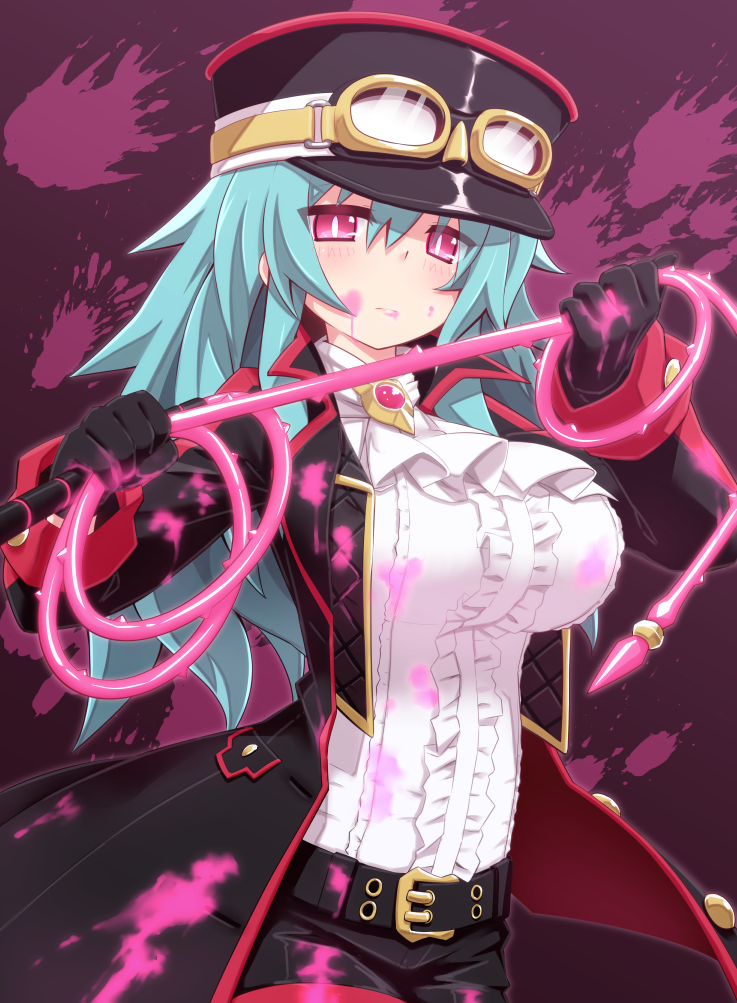 1girl, blood, blue_hair, blush, cap, goggles, hat, mary_skelter