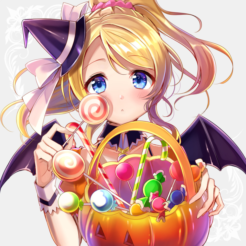 ayase_eli, blonde_hair, blue_eyes, candies, halloween, hat, long_hair, love_live!_school_idol_project, night, ponytail
