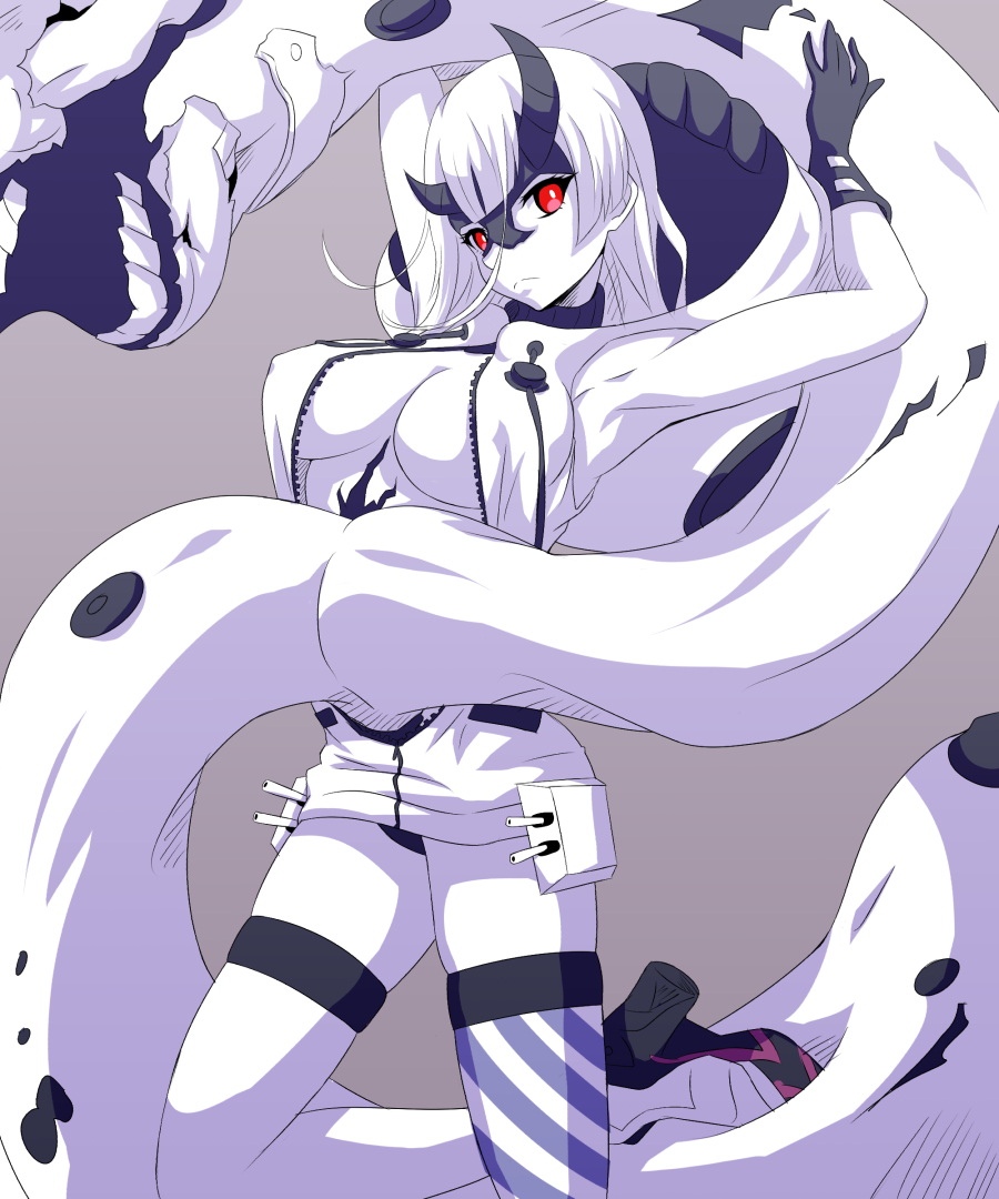 1girl, armpits, arms_up, asymmetrical_horns, black_gloves, black_panties, breasts, center_opening