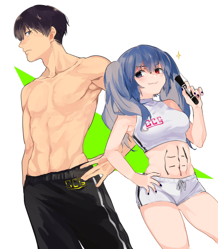 1boy, 1girl, bare_shoulders, black_hair, blue_eyes, blue_hair, blue_nails, breasts