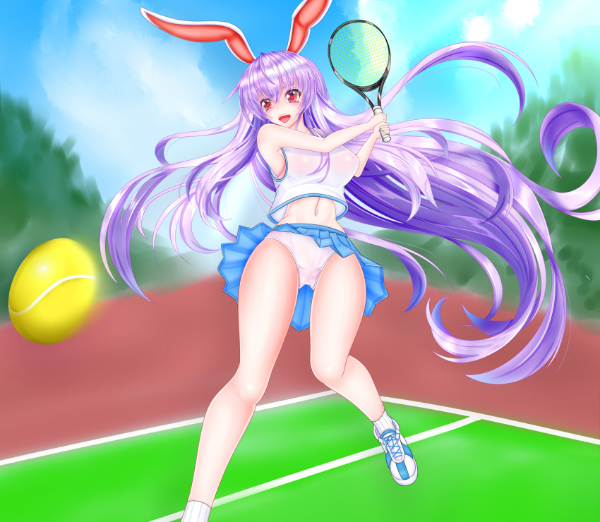 1girl, :d, alternate_costume, animal_ears, armpits, ball, bare_arms, bare_shoulders, blue_skirt, blush, day, field, floating_hair, highres, kou_(inaba), long_hair, looking_away, navel, open_mouth, panties, pantyshot, pantyshot_(standing), purple_hair, rabbit_ears, racket, red_eyes, reisen_udongein_inaba, shoes, skirt, sleeveless, smile, sneakers, solo, sportswear, standing, stomach, tennis_ball, tennis_racket, tennis_uniform, touhou, underwear, very_long_hair, white_panties
