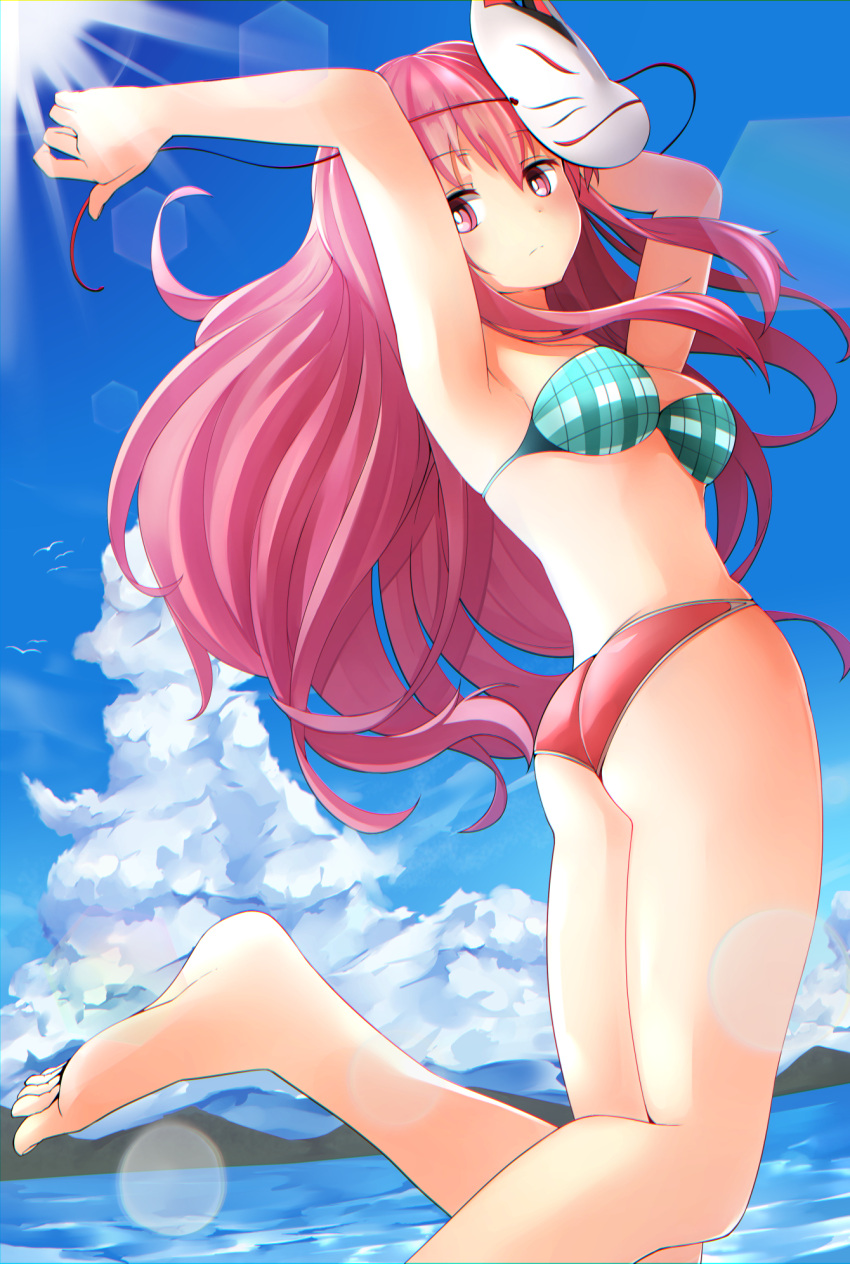 1girl, adapted_costume, armpits, arms_up, ass, bare_arms, bare_legs, bare_shoulders