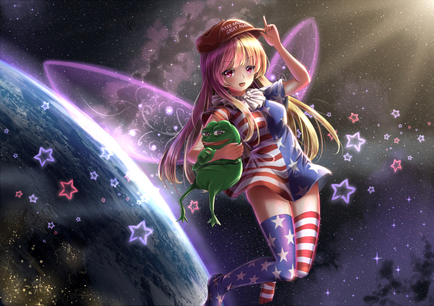 1girl, american_flag_dress, american_flag_legwear, blonde_hair, boy's_club, breasts, city_lights, clownpiece