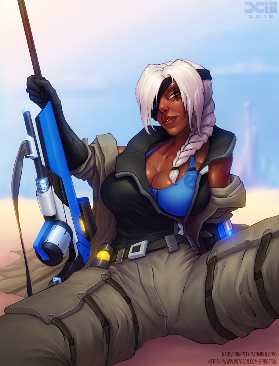 1girl, ana_(overwatch), barretxiii, blue_bra, bra, braid, breasts, brown_eyes, cargo_pants, cleavage, dark_skin, elbow_gloves, explosive, eyepatch, facial_tattoo, gloves, grenade, gun, half-closed_eyes, highres, large_breasts, lips, long_hair, no_headwear, nose, off_shoulder, old_woman, one-eyed, overwatch, pants, rifle, single_braid, sitting, sniper_rifle, solo, spread_legs, tattoo, underwear, weapon, white_hair