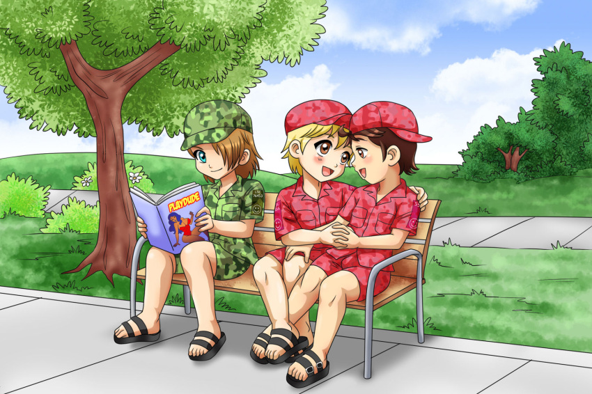 3boys, baseball_cap, bench, blonde_hair, blue_eyes, brown_eyes, brown_hair, camouflage, footsie, kiss, looking_at_each_other, original_character, park, sandals, shirt, shorts