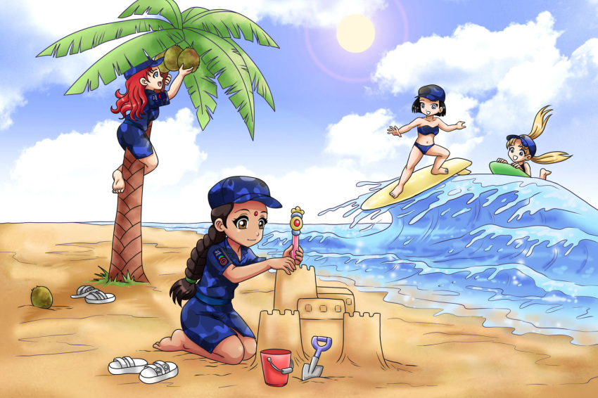 4girls, barefoot, baseball_cap, beach, bikini, black_hair, blonde_hair, blue_eyes