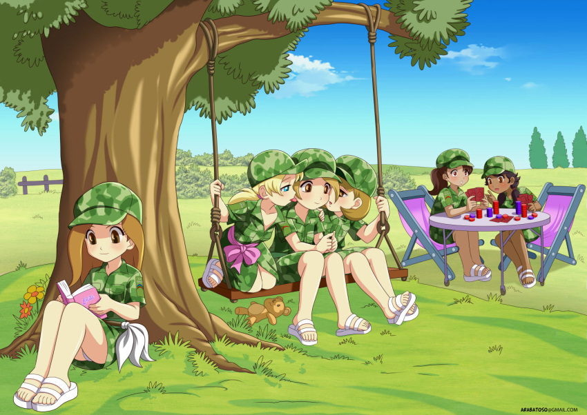 6girls, baseball_cap, blue_eyes, book, brown_eyes, camouflage, card_game_poker, cheating, dress, hypnotism, kissing, licking, long_hair, original_character, ponytail, reading, sandals, short_hair