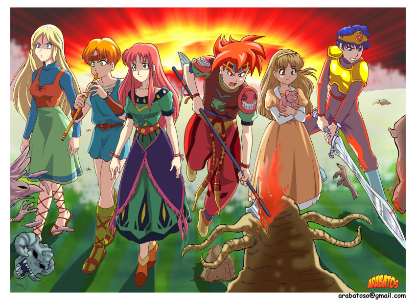arabatos, armour, axe, blonde_hair, blue_eyes, blue_hair, boots, brown_eyes, brown_hair, dress, explosion, flute_(weapon), green_eyes, headband, illusion_of_gaia, monster, nintendo, pig, poleaxe, redhead, sandals, skull, soulblazer, sword, terranigma, tunic