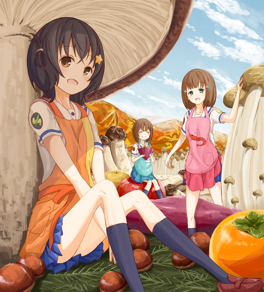 3girls, apple, apron, aqua_eyes, black_hair, black_legwear, blue_skirt, blue_sky