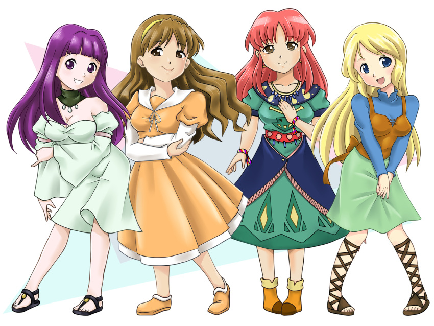 4girls, blonde_hair, blue_eyes, boots, brown_eyes, brown_hair, dress, illusion_of_gaia, j8d, nintendo, playstation, purple_hair, redhead, sandals, shoes, smile, soulblazer, terranigma, the_granstream_saga, violet_eyes, wallpaper