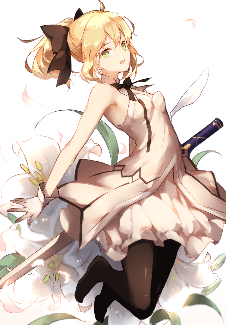 :d, bare_shoulders, blonde_hair, bow, detached_collar, fate_(series), flower, fukuda935