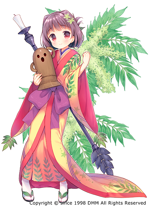 1girl, black_hair, bow, candle, flower_knight_girl, full_body, hair_ornament, haze_(flower_knight_girl), japanese_clothes, leaf_hair_ornament, looking_at_viewer, object_namesake, official_art, purple_bow, red_eyes, short_hair, smile, solo, staff, standing, usashiro_mani