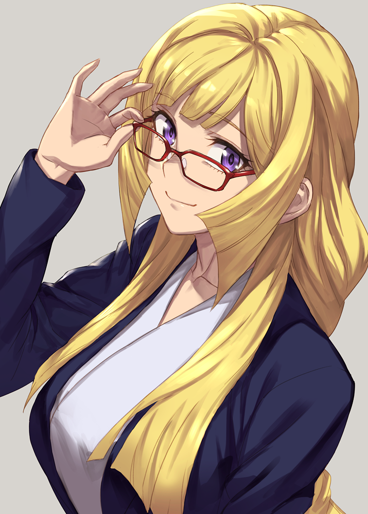 1girl, adjusting_glasses, blonde_hair, collarbone, eyebrows, eyebrows_visible_through_hair, glasses, guchico