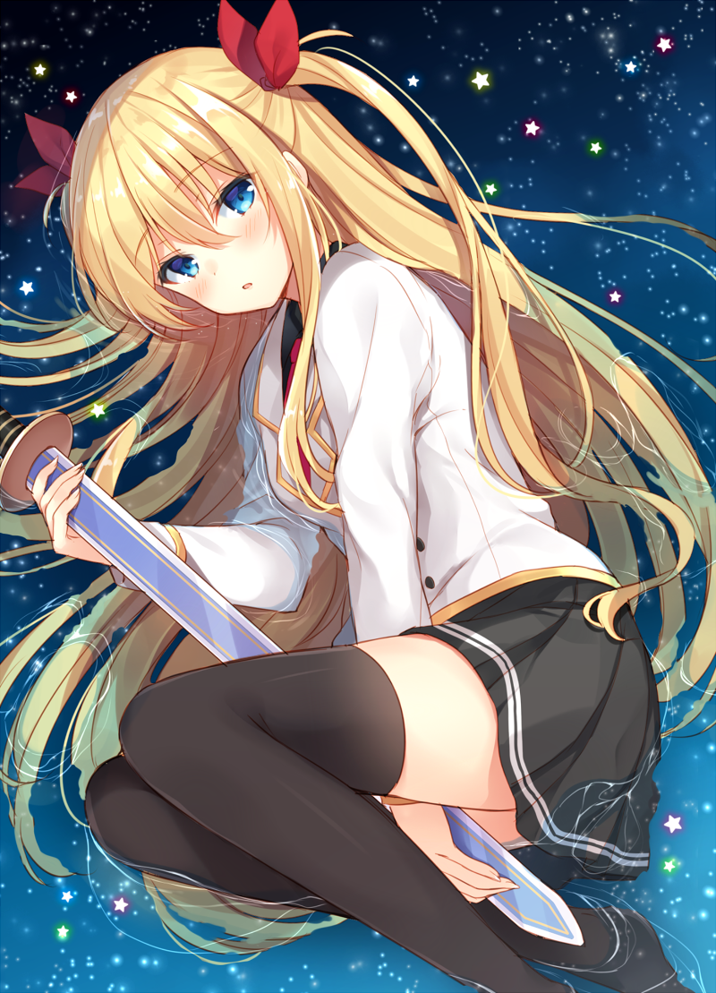 1girl, bangs, between_legs, black_legwear, black_skirt, blonde_hair, blue_eyes, blush
