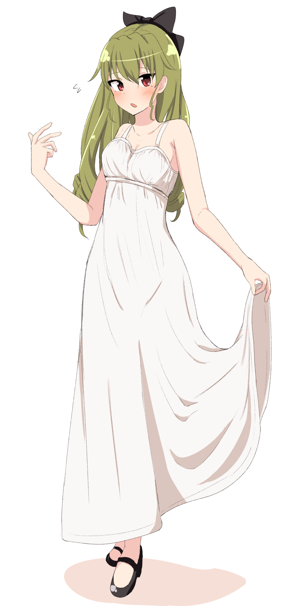 1girl, alternate_hairstyle, anchovy, bangs, black_bow, black_shoes, blush, bow