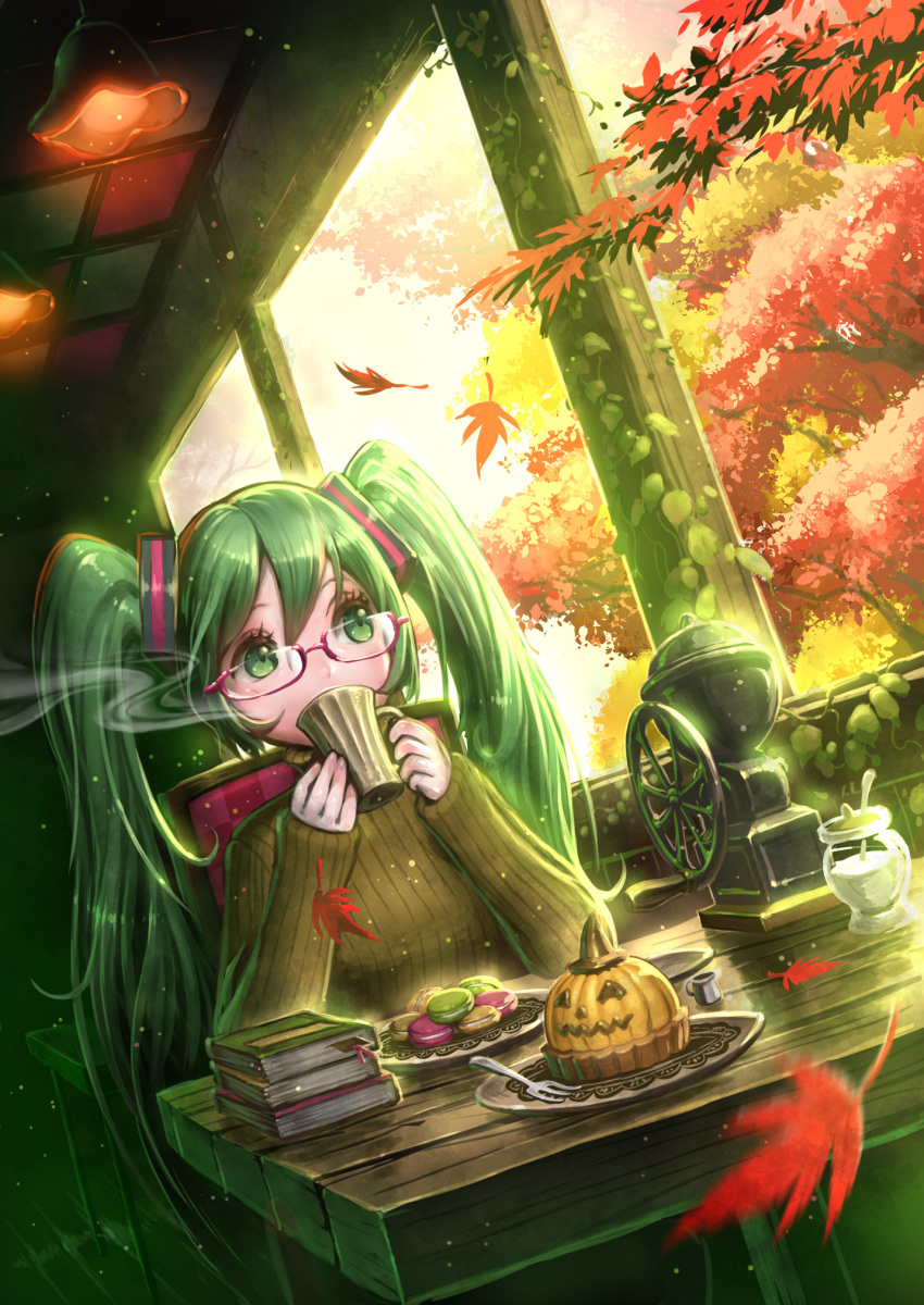 1girl, autumn_leaves, blurry, blush, book, book_stack, bookmark, coffee_grinder