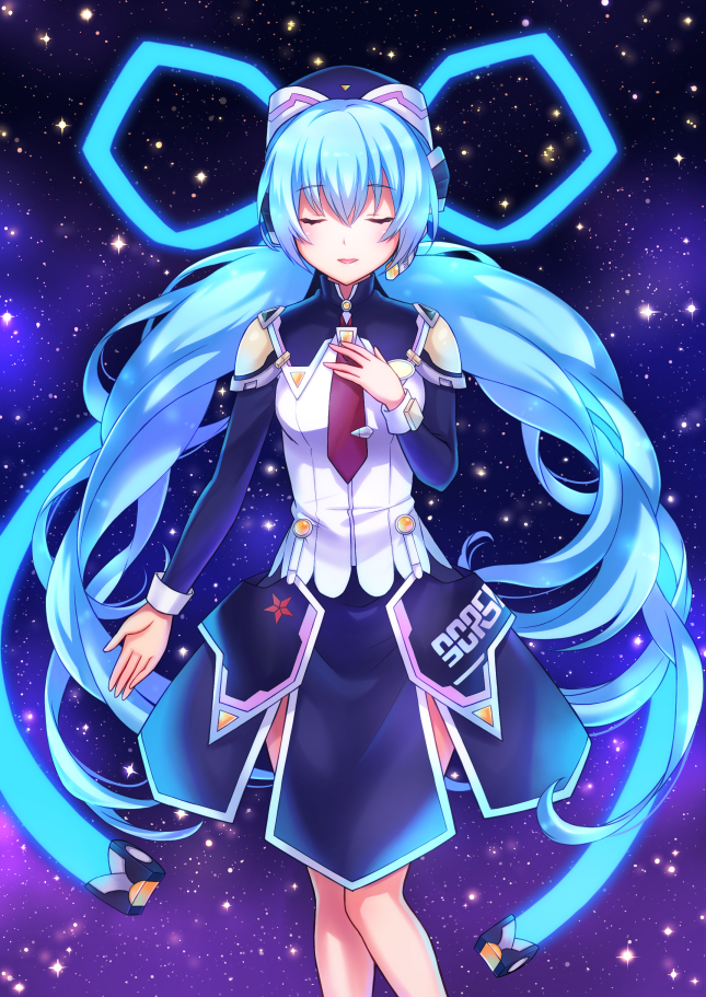 1girl, blue_hair, blush, closed_eyes, eyebrows, eyebrows_visible_through_hair, glowing, hand_on_own_chest