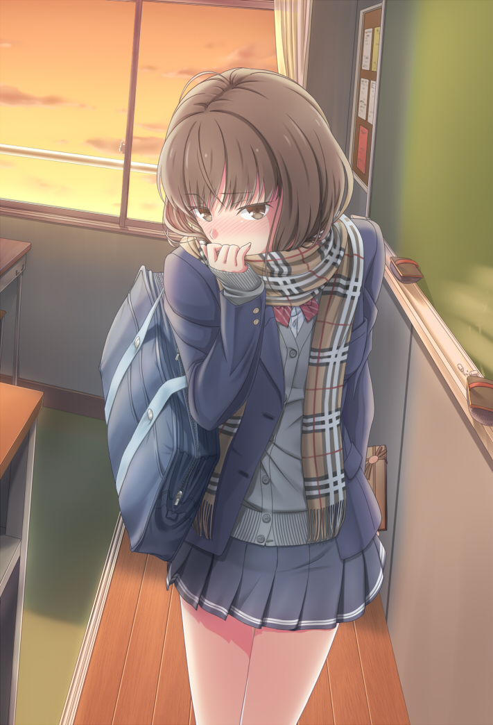 1girl, bag, blazer, blue_skirt, blush, bow, bowtie, brown_eyes