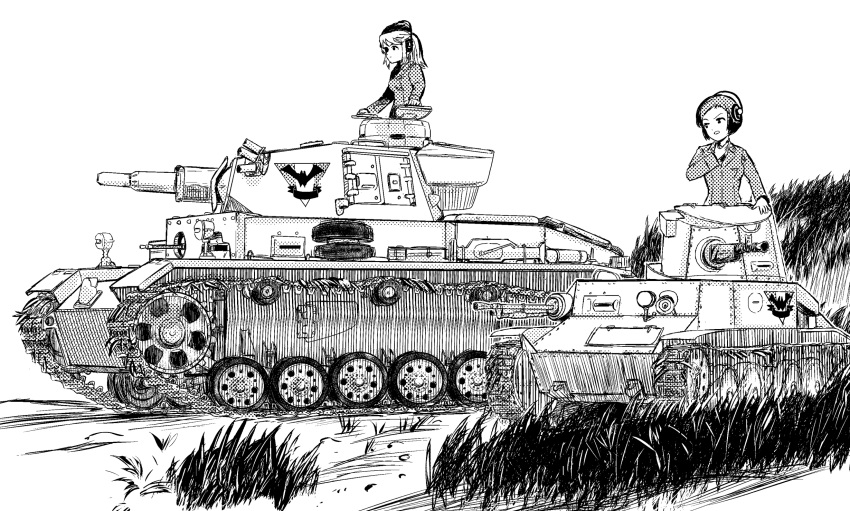 2girls, bat, beret, check_commentary, commentary, commentary_request, emblem, girls_und_panzer
