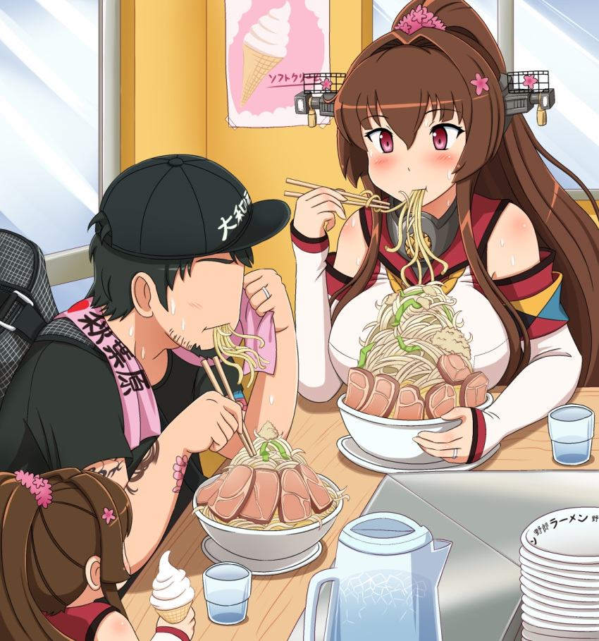 1boy, 2girls, baseball_cap, bowl, breasts, brown_hair, chopsticks, commentary_request