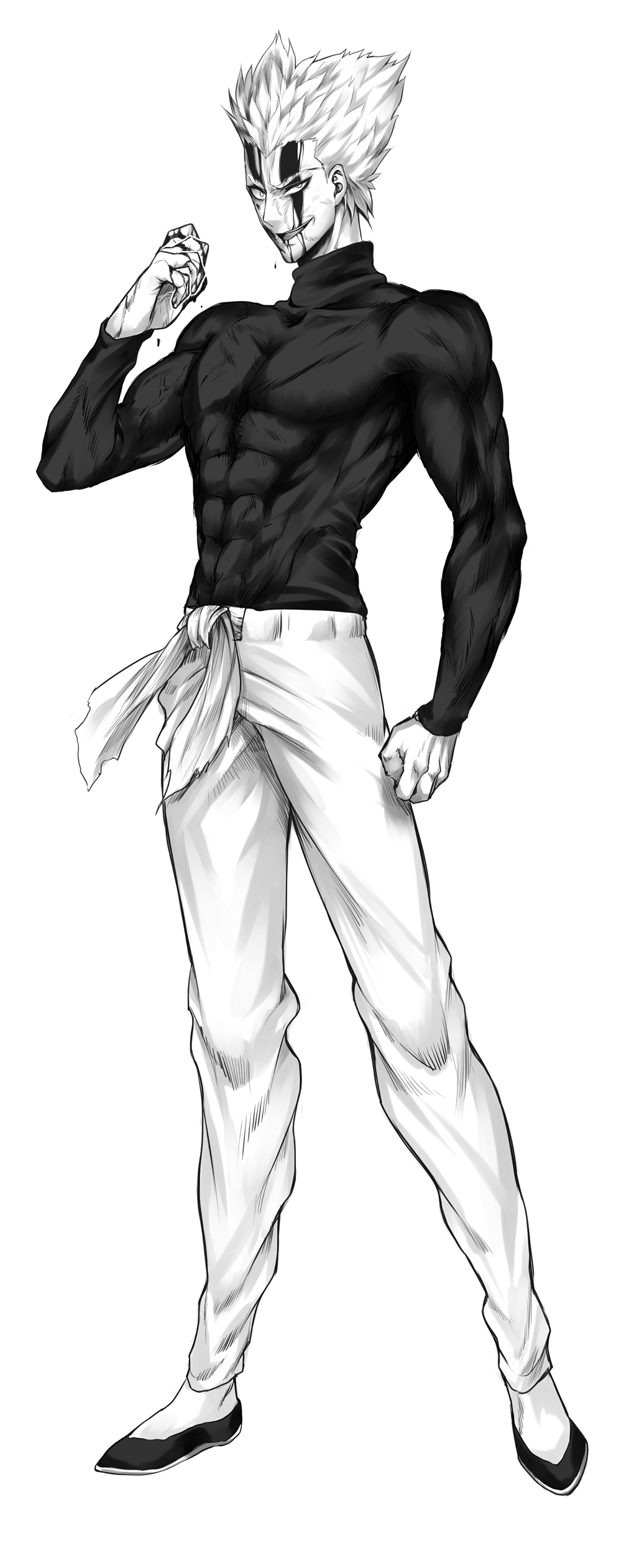 1boy, abs, absurdres, blood, blood_on_face, bloody_hand, chest, clenched_hand, evil_smile, garou_(one-punch_man), greyscale, highres, kkuwa, long_sleeves, looking_at_viewer, monochrome, muscle, one-punch_man, open_mouth, pants, pointy_hair, simple_background, skin_tight, smile, solo, standing, sweater, turtleneck, turtleneck_sweater, white_background