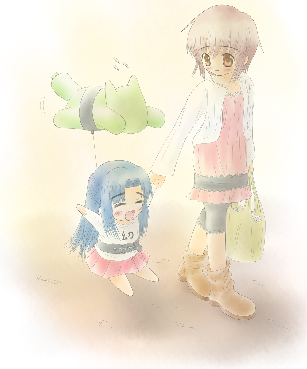 asakura_ryouko, bad_id, bag, balloon, belt, blue_hair, boots, brown_eyes, brown_hair, child, highres, kakashi, kimidori-san, long_hair, nagato_yuki, short_hair, suzumiya_haruhi-chan_no_yuuutsu, suzumiya_haruhi_no_yuuutsu