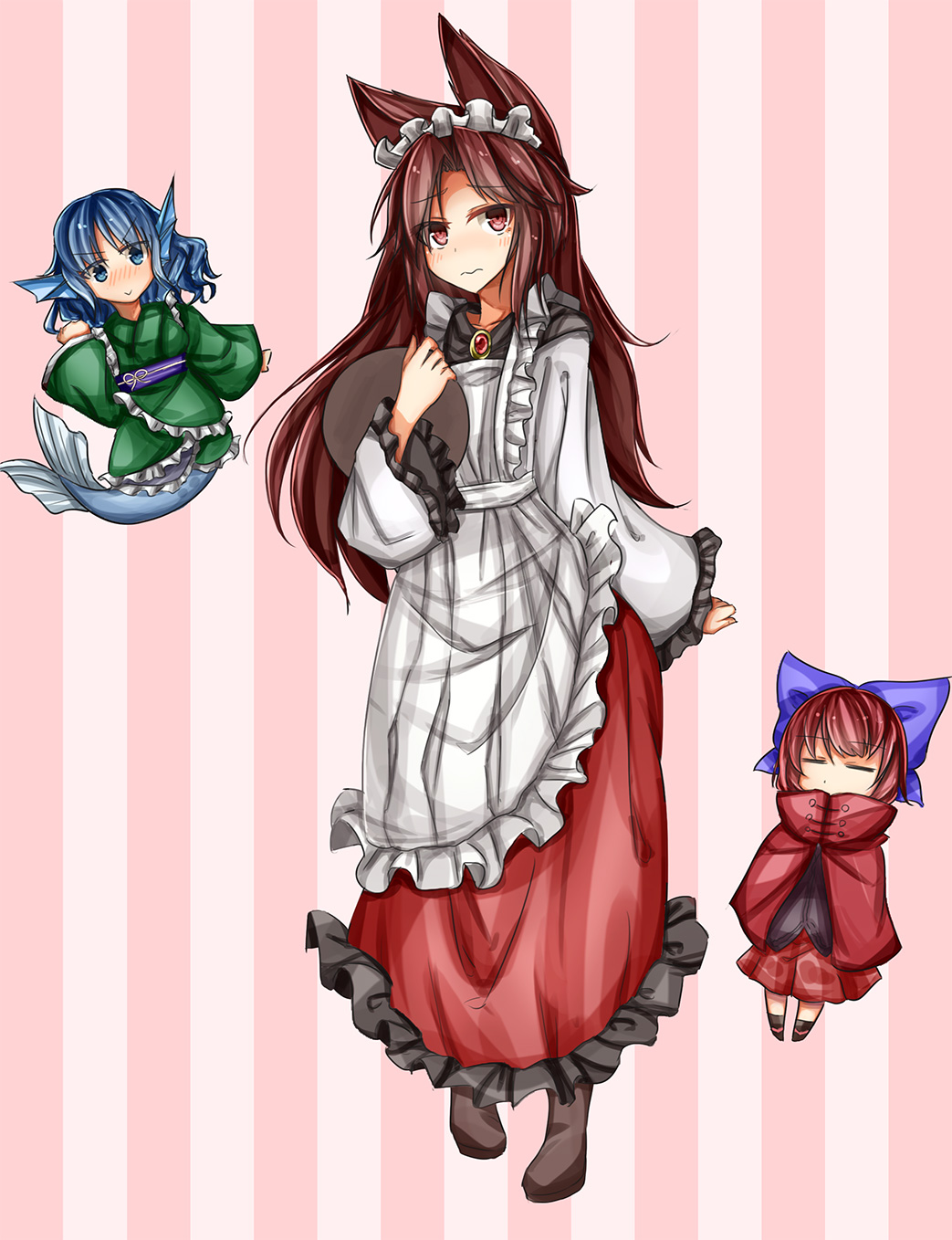 3girls, =_=, adapted_costume, alternate_costume, animal_ears, blue_eyes, blue_hair, blush, brown_hair, dress, enmaided, frilled_dress, frilled_kimono, frilled_sleeves, frills, head_fins, highres, imaizumi_kagerou, japanese_clothes, kimono, kutani_taku, long_hair, maid, mermaid, monster_girl, multiple_girls, red_eyes, redhead, saucer, sekibanki, short_hair, simple_background, striped, striped_background, touhou, two-tone_background, wakasagihime, wide_sleeves, wolf_ears