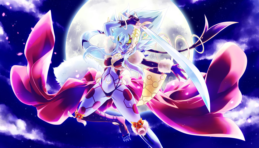 1girl, body_markings, cape, cat_girl, claws, crescent_moon, dancer, duel_monster