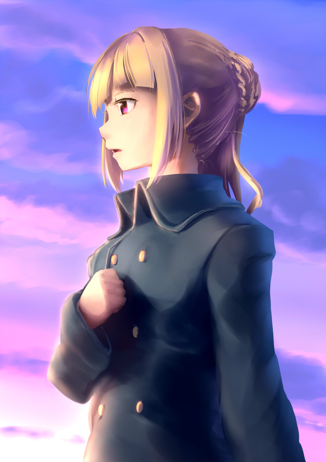 1girl, blonde_hair, clenched_hand, clouds, hair_bun, hand_on_own_chest, highres, long_hair, military, military_uniform, open_mouth, ortfine_fredericka_von_eylstadt, profile, shuumatsu_no_izetta, sky, solo, sunset, trench_coat, tsubasa_(abchipika), uniform, violet_eyes