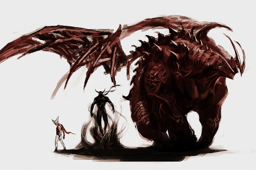 1boy, absurdres, alternate_form, armband, blood, blood_on_face, from_behind, garou_(one-punch_man), highres, horns, js, looking_at_viewer, looking_back, male_focus, monster, obscured, one-punch_man, pants, scarf, shadow, simple_background, size_difference, sleeveless, smile, solo, spoilers, white_background, wings