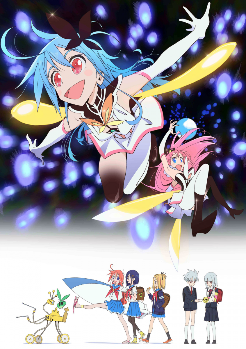 1boy, 4girls, :d, ahoge, arm_sling, bangs_pinned_back, blue_hair, butterfly