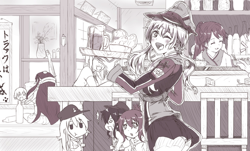 /\/\/\, 6+girls, :t, ;d, ^_^, akatsuki_(kantai_collection), anchor_hair_ornament, arm_up