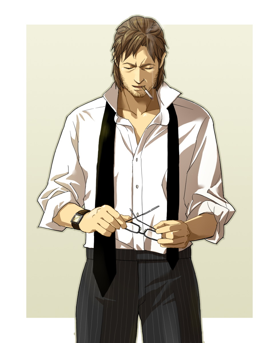 beard, brown_hair, cigarette, facial_hair, glasses, highres, hinoe, male