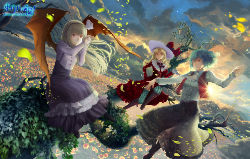 2016, 3girls, bat_wings, blonde_hair, boots, dress, elly, field, flower, flower_field, gloves, green_hair, hair_ribbon, hat, highres, hiraoka_masamune, kazami_yuuka, kurumi_(touhou), multiple_girls, red_eyes, ribbon, shirt, skirt, sunflower, thigh-highs, touhou, touhou_(pc-98), tree, vampire, vest, wings