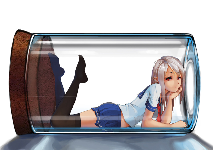 1girl, arm_support, black_legwear, blouse, blue_skirt, bottle, breasts, cork