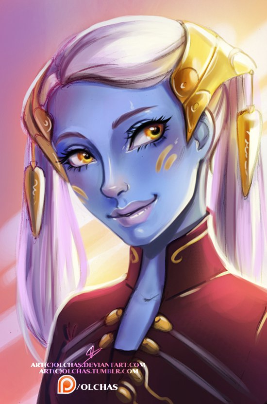 1girl, artist_name, blue_skin, facial_mark, hair_ornament, lavender_hair, long_hair, olga_solovian