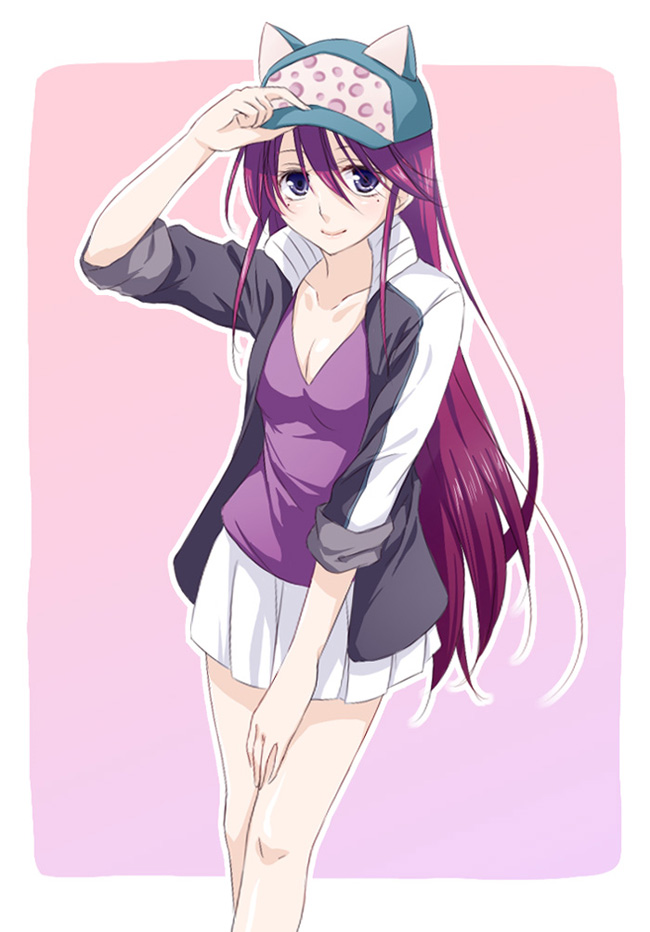1girl, adjusting_clothes, adjusting_hat, animal_hat, blouse, blue_eyes, breasts, cat_hat
