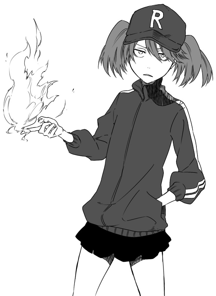 1girl, alternate_costume, eyebrows, fire, flame, greyscale, hand_in_pocket, hat