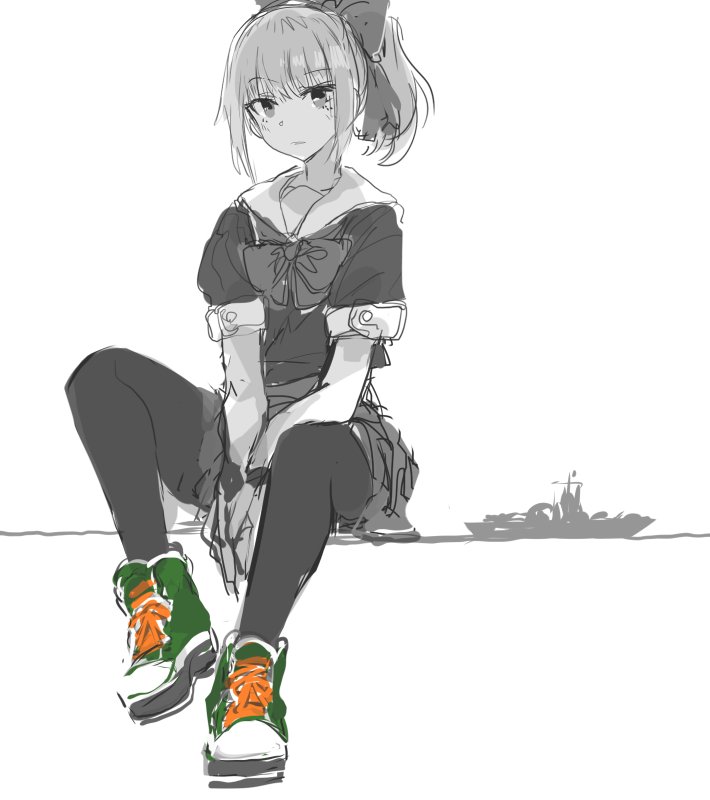 black_legwear, custom_(cus-tom), kantai_collection, monochrome, pantyhose, pleated_skirt, school_uniform, serafuku