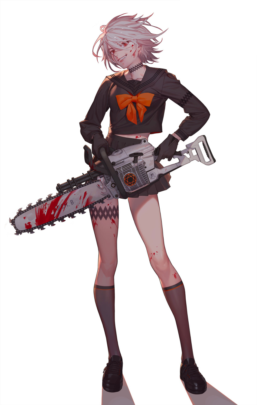 1girl, absurdres, black_gloves, blood, blood_on_face, blood_stain, bow, chainsaw