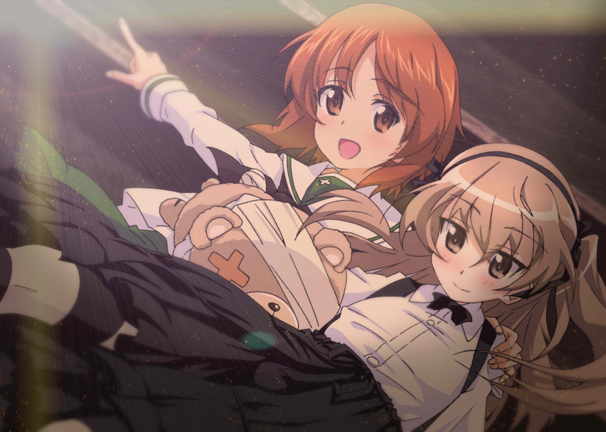 2girls, absurdres, bandaid, black_skirt, boko_(girls_und_panzer), brown_hair, commentary_request, girls_und_panzer