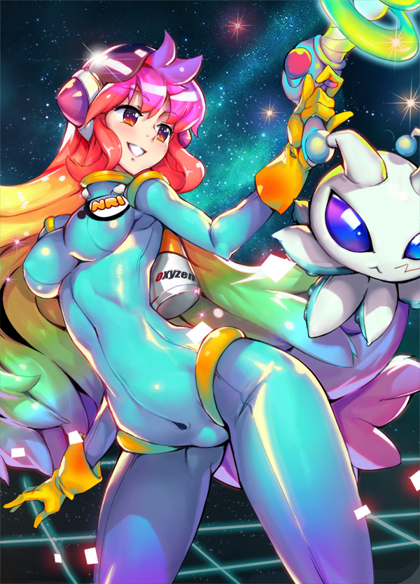 1girl, blonde_hair, blue_hair, bodysuit, breasts, brown_eyes, character_request, copyright_request