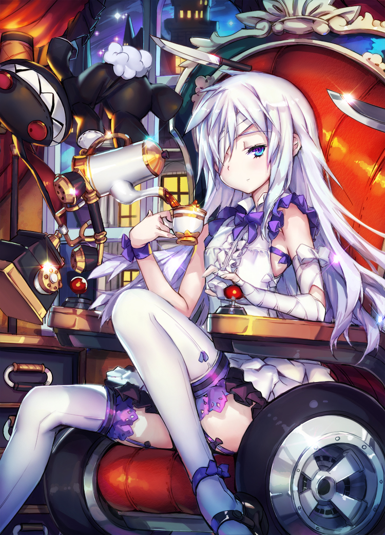 1girl, bandage_on_face, bandaged_arm, black_shoes, blue_eyes, building, center_frills, character_request