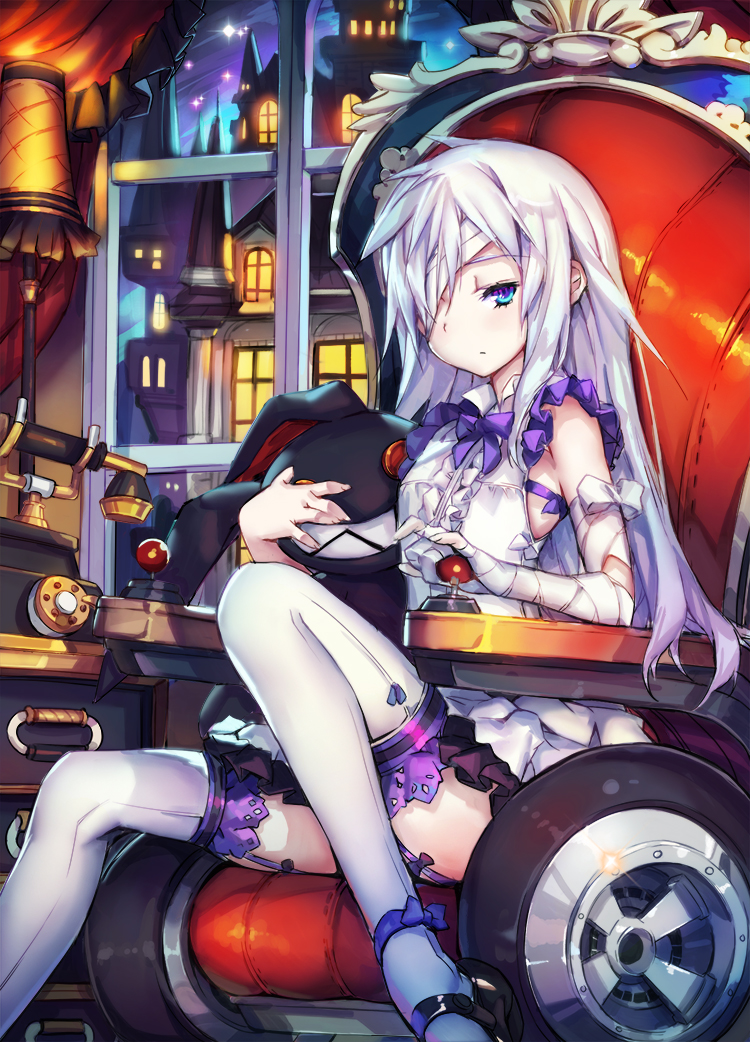 1girl, :/, bandage_on_face, bandaged_arm, black_shoes, blue_eyes, building, center_frills