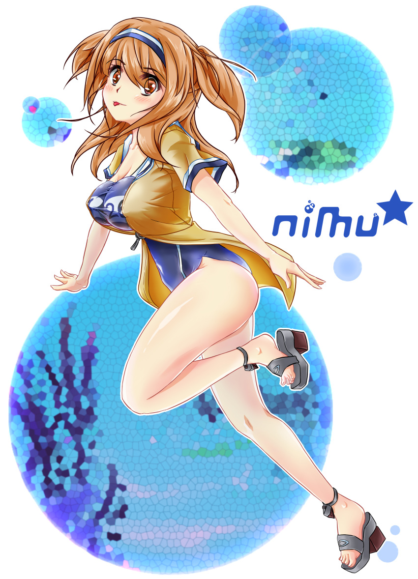 1girl, :p, absurdres, breasts, cleavage, clothes_writing, fluegel, hairband