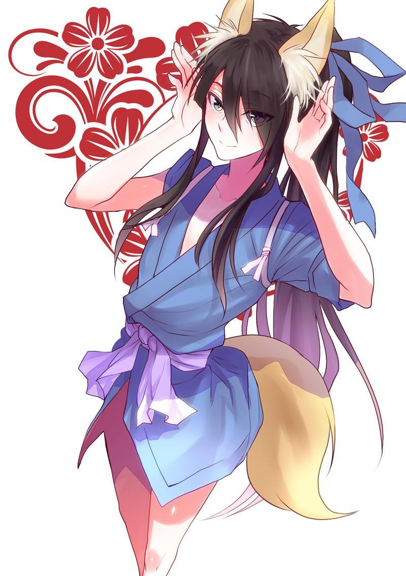 1boy, androgynous, animal_ears, black_hair, blush, drifters, fox_ears, fox_tail