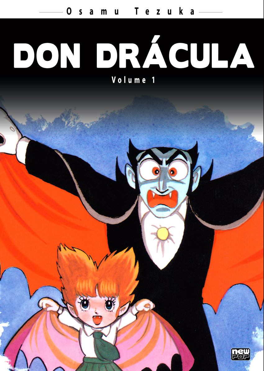 70s, absurdres, black_hair, cape, child, chocola, comic, don_dracula, don_dracula_(character), english, family, fangs, father_and_daughter, flying, gloves, highres, looking_at_viewer, manga_cover, necktie, official_art, oldschool, orange_hair, red_eyes, scan, school_uniform, sideburns, skirt, spiky_hair, tezuka_osamu, traditional_media, translated, uniform, vampire
