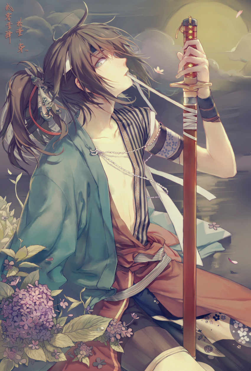 1boy, aqua_eyes, armband, bangs, between_legs, brown_hair, chest, clouds, collarbone, cowboy_shot, dew_drop, erjiu, floral_print, flower, forehead_protector, from_side, full_moon, hair_ribbon, haori, high_ponytail, highres, holding, holding_sword, holding_weapon, japanese_clothes, kimono, long_hair, long_sleeves, looking_at_viewer, loose_clothes, male_focus, messy_hair, moon, mouth_hold, night, night_sky, off_shoulder, okita_souji_(wasurenagusa), petals, pink_flower, purple_flower, reflection, ribbon, ribbon_in_mouth, sash, shinsengumi, shinsengumi_mokuhiroku_wasurenagusa, short_sleeves, sitting, sky, solo, striped, sword, vertical_stripes, wasurenagusa_(rejet), water, water_drop, weapon, white_ribbon, wide_sleeves, wristband