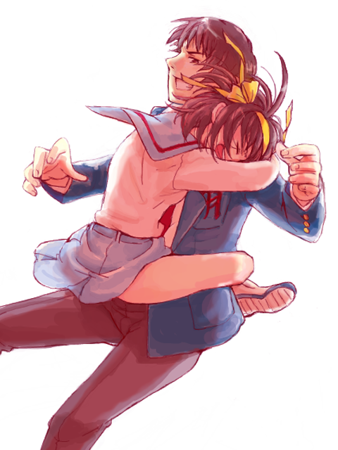 1girl, bad_id, brown_hair, cika, couple, hairband, hug, kyon