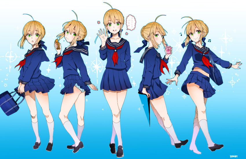 5girls, :o, ahoge, bag, blonde_hair, blue_panties, blush, bomhat